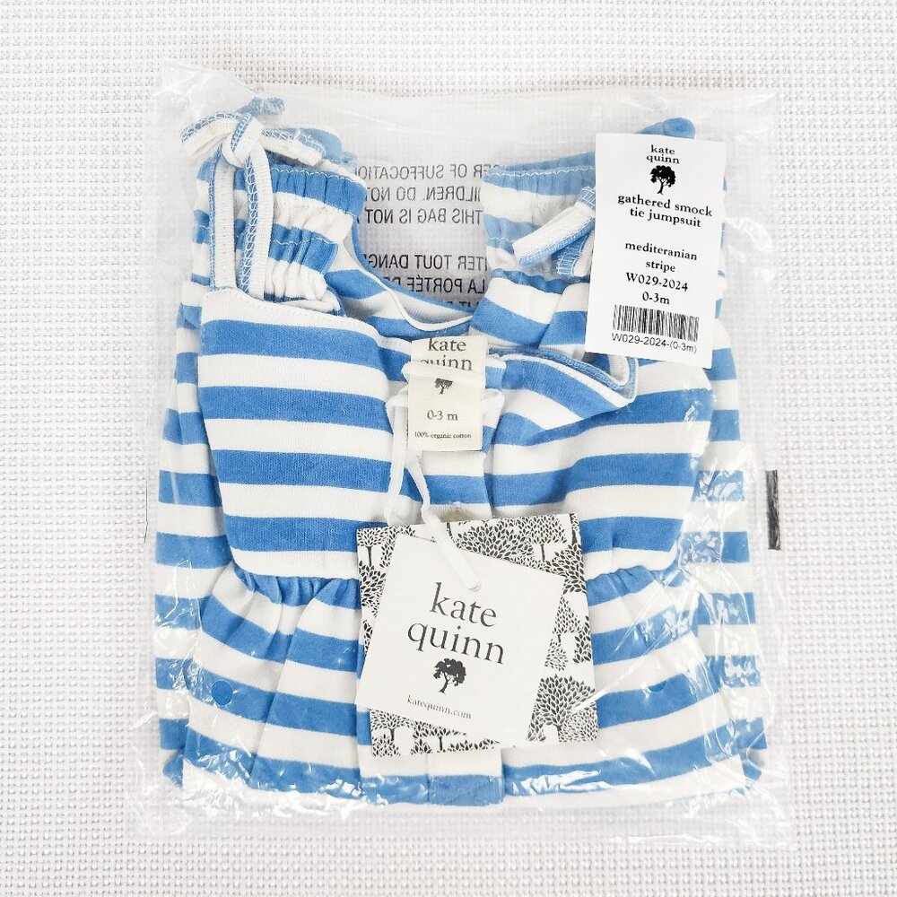 Kate Quinn Gathered Smock Tie Jumpsuit Mediterranean Stripe 0-3 Months Organic - Picture 2 of 10